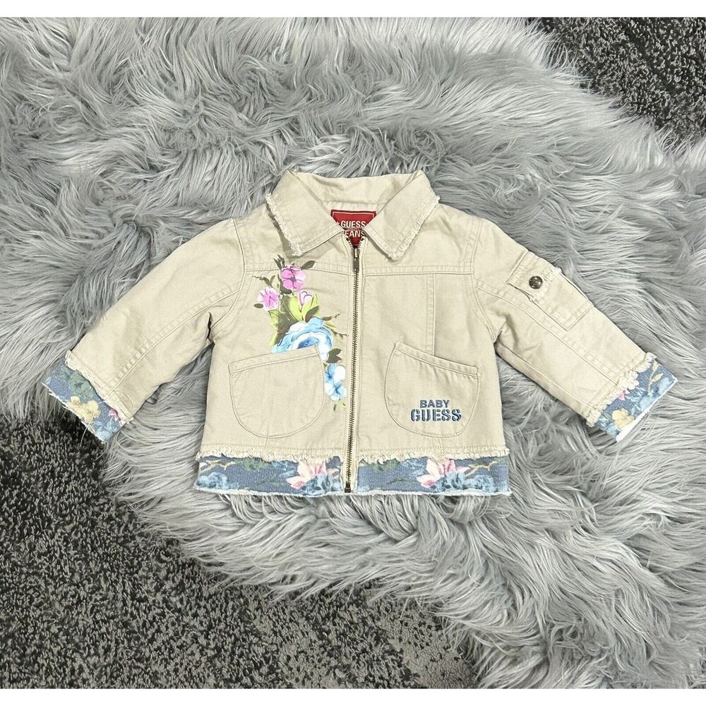 Guess Baby Embroidered Khaki Denim Zip‎ Up Floral Jacket 12 Month